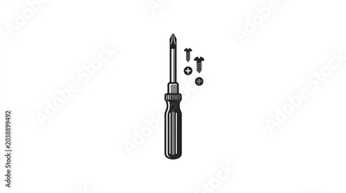 Photos Phillips Head Screwdriver and Fasteners Isolated on White.