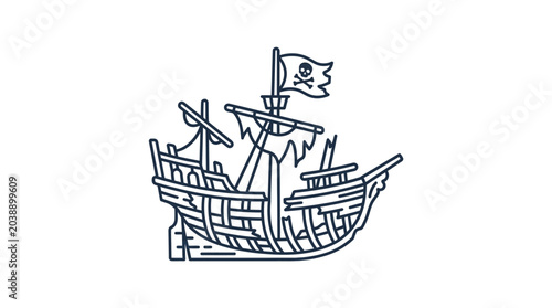 Konstfotografi Pirate Ship Illustration with Jolly Roger Flag.