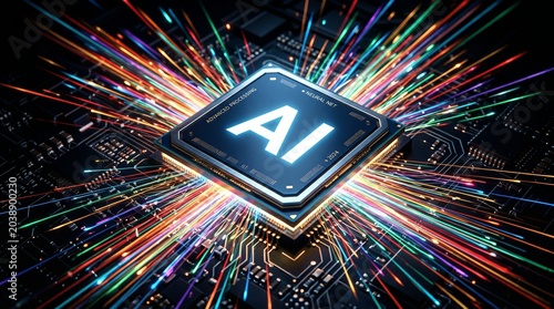 AI word on microchip and colorful light spread with strong beam , AI concept with copyspace banner background, Generative AI.