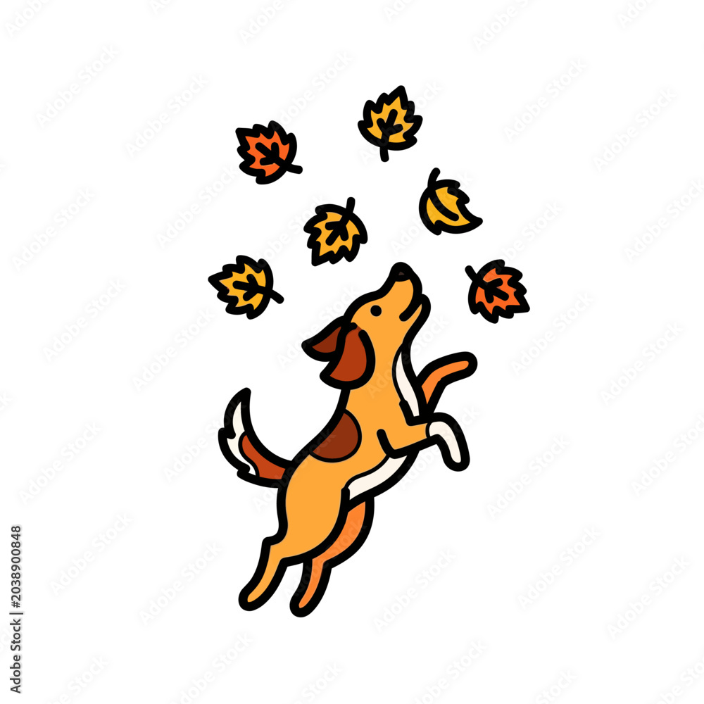 Fototapeta premium Playful dog jumping and catching falling autumn leaves
