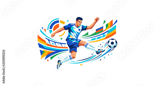 Soccer player kicking a ball with colorful motion lines