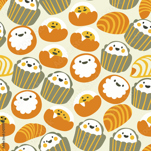 Cute seamless pattern with smiling bakery characters, buns, cupcakes and pastries on ivory background, joyful playful mood, warm yellow and brown palette, childish cartoon style.