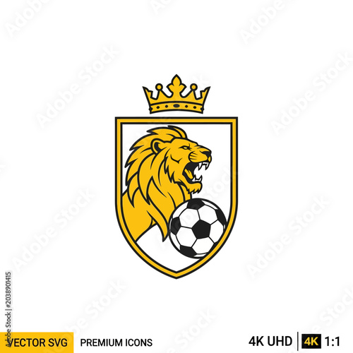 Lion head soccer crest with crown in gold shield.
