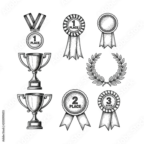 Vintage trophy and award medal set, hand drawn sports winner icons, 8 engraved victory elements for competition success