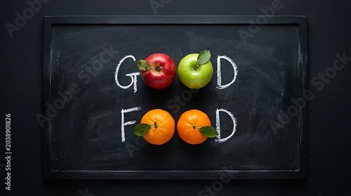 Creative Healthy Food Message with Fresh Fruits on Blackboard