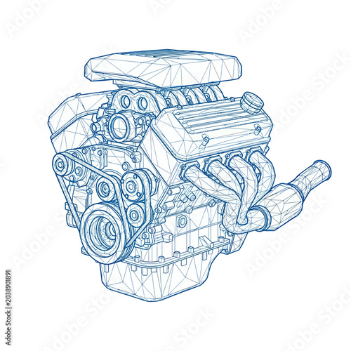 Obraz na płótnie V8 Engine Blueprint Wireframe - Detailed Automotive Mechanical Design