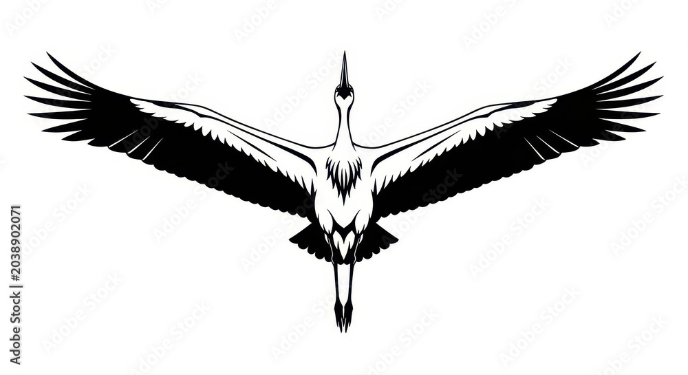 Fototapeta premium Elegant Black and White Vector Illustration of a Crane Bird Flying with Wings Spread Wide Isolated on White