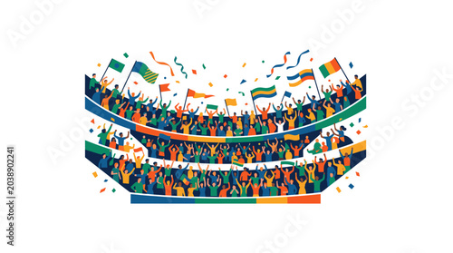 Crowd celebrating with colorful flags in stadium