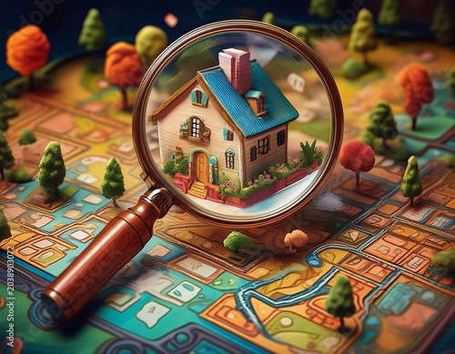 magnifying glass on the search for housing on game board generated with ai