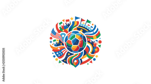 Colorful soccer ball with global flags illustration