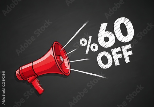 Red megaphone announcing sixty percent off sale loudspeaker discount