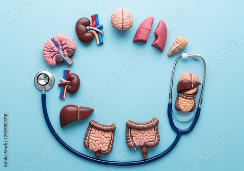 Stethoscope and human organ models on blue background