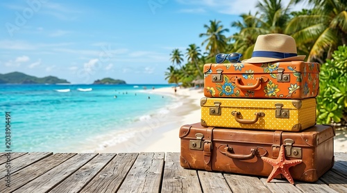 Colorful Vintage Suitcases Stacked on Tropical Beach Pier with Ocean View