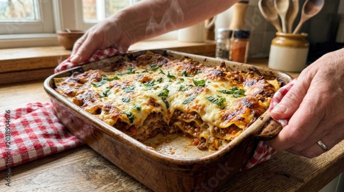 Lasanha, Person preparing to serve a freshly baked homemade meat and cheese lasagna dish