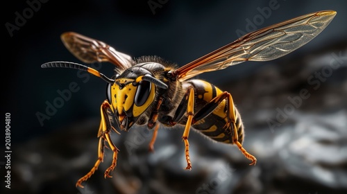 A photo of a wasp in mid-flight