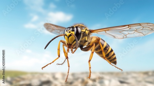 A photo of a wasp in mid-flight