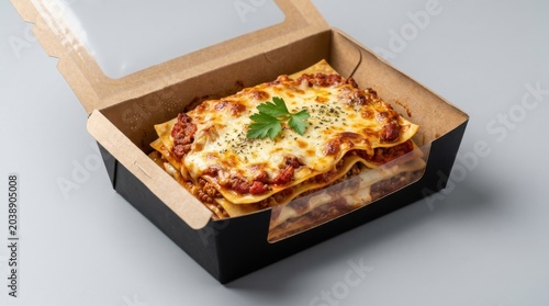 Lasanha, Fresh baked lasagna in a recyclable takeaway food container with eco friendly