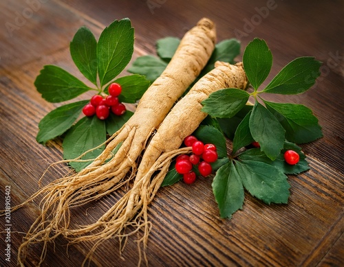 ginseng roots on wooden table close up photo with green leaves and red berries herbal medicine natural remedy concept warm tones