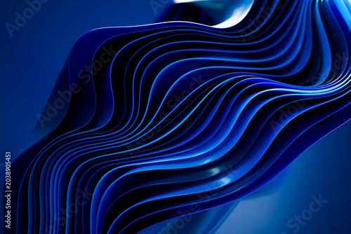3D blue fabric tower with sculptural folded ribbons