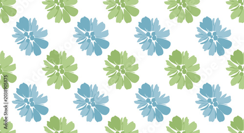 Seamless floral pattern with green and blue flowers on white background