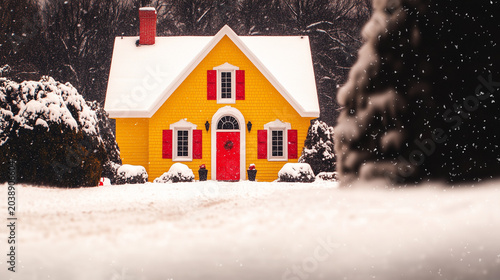 Yellow house with red door in winter - snowy scene, Christmas atmosphere, miniature house, snowfall