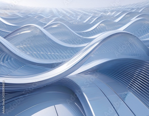 3d light blue background with row of glass white background square plates abstract curve wave line pattern crystal array of geometric block shapes render futuristic design digital tech