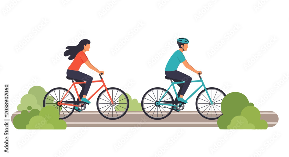 Fototapeta premium Flat Vector Illustration of a Couple Riding Bicycles on an Outdoor Path