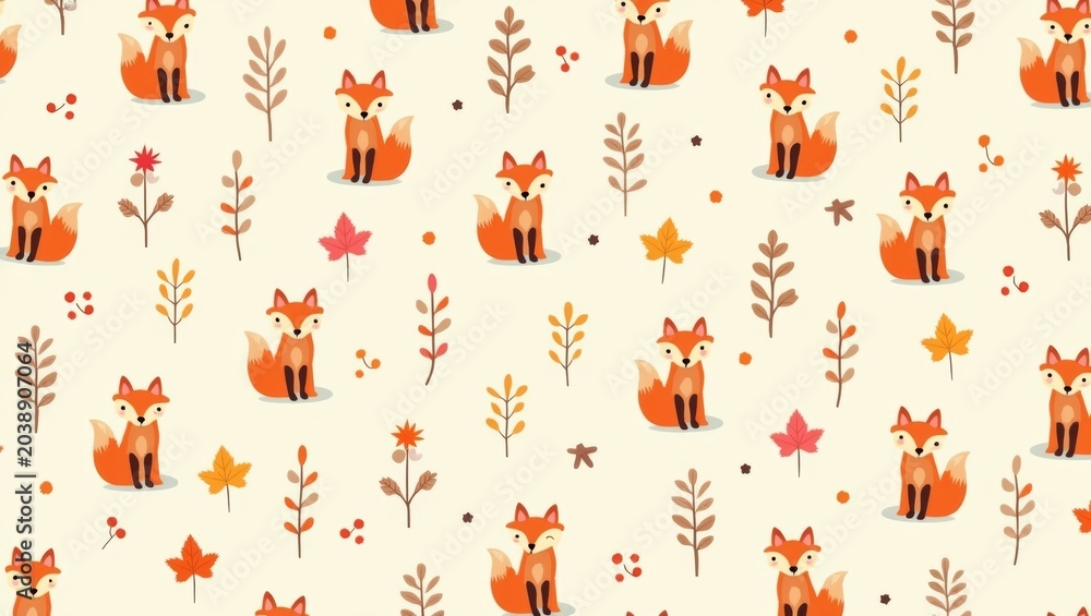 Obraz premium Pattern illustration featuring cute cartoon foxes surrounded by colorful leaves and flowers on a light beige background, ideal for fabric or wallpaper design