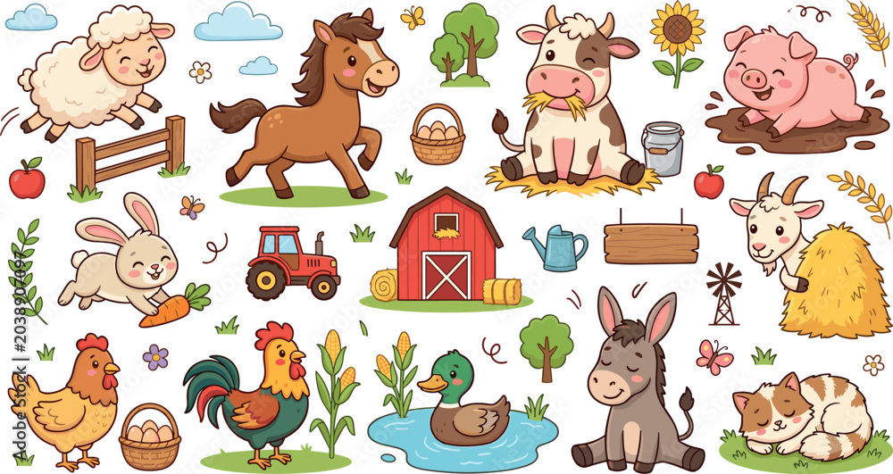 Naklejka premium Cute cartoon farm animal sticker set with happy cow pig horse sheep barn tractor and agriculture elements.