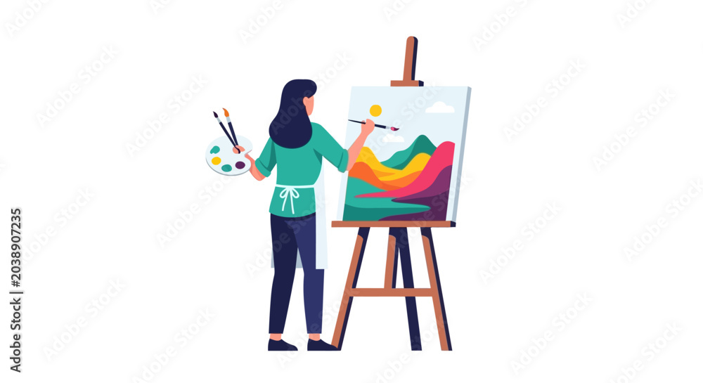 Fototapeta premium Female Artist Painting a Colorful Landscape on Canvas with Easel and Palette, Creative Studio Vector Illustration