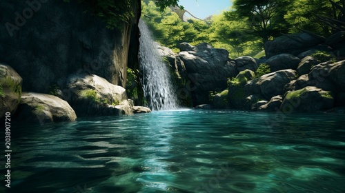 A photo of a waterfall flowing into a serene pool of water