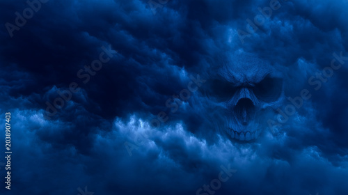 Dark skull emerging from storm clouds, mysterious blue smoke and shadow atmosphere, abstract danger and fear concept, cinematic realistic horror-style stock image skull, dark cloud