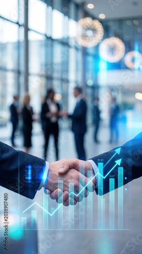 Business handshake concept for investment growth with rising market charts and a modern cityscape