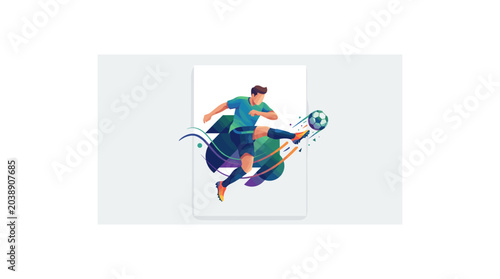 Canvas Print Soccer player kicking colorful ball mid-air