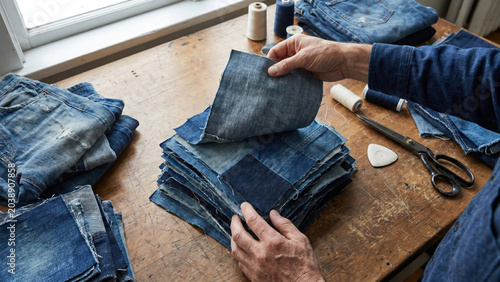Hands Sorting Discarded Denim Fabrics for Circular Fashion and Upcycling Projects