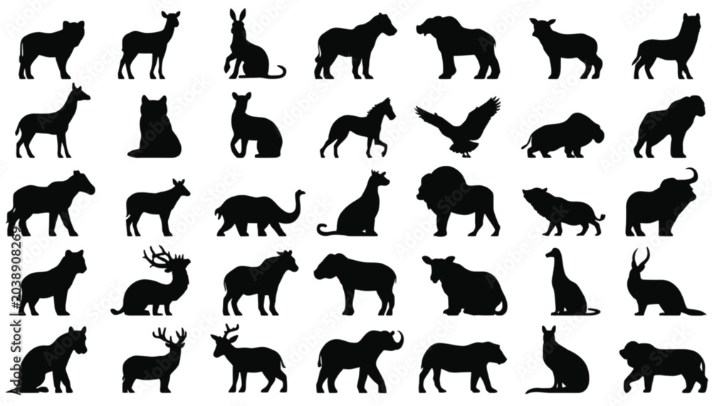 Obraz premium Wildlife silhouettes showcase a diverse array of global animal species rendered in black ink against a white background to serve as an essential resource for educational and artistic design tasks.