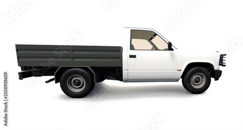 Premium 3D render of a generic white commercial flatbed pickup truck featuring a black steel bullbar bumper, isolated on white.