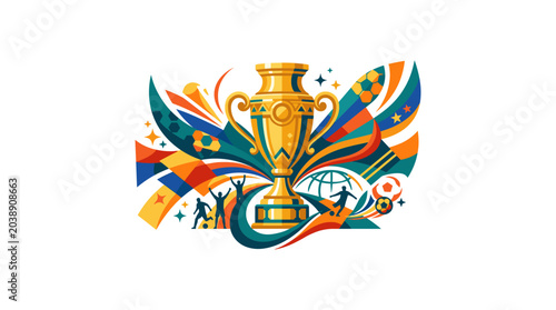 Colorful trophy with global sports celebration design