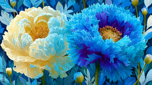 Digital painting of cream white and cornflower blue peonies with golden stamens