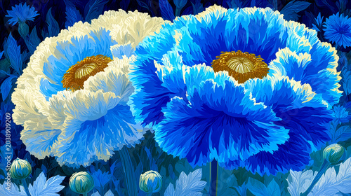 Blooming white and blue peony blossoms, digital painting background