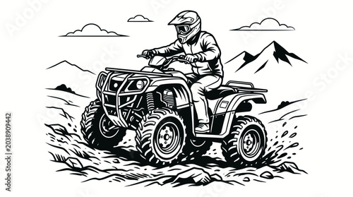 Bild auf Leinwand All terrain quad bike rider in mountain landscape.
