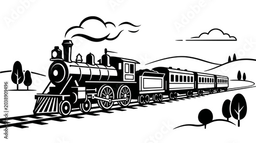 Foto Classic steam engine train line art illustration.