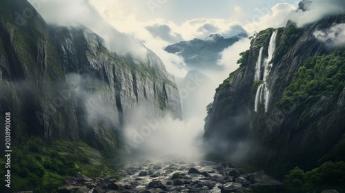 A photo of a waterfall surrounded by misty clouds and cliffs