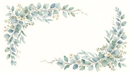 Elegant botanical corner frame with eucalyptus leaves and delicate white flowers in minimalist watercolor style