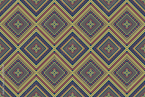 Ethnic geometric seamless pattern with tribal diamond motifs in vibrant boho textile style background