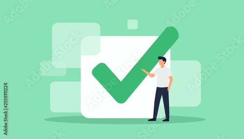 Fotografia Illustration of a man checking off a list with a green checkmark, symbolizing co