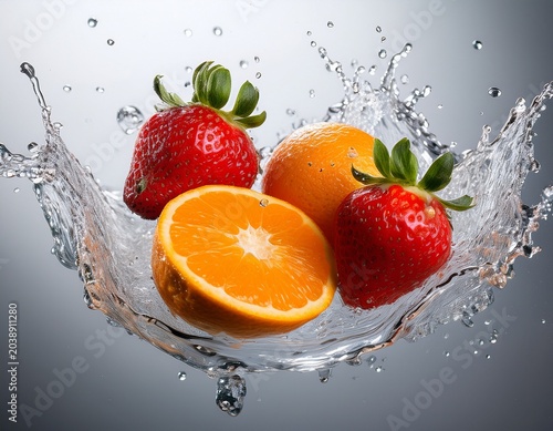 fresh strawberries and oranges with water splash on gray background