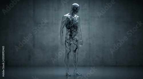Digital human representation urban environment 3d model high-tech setting close-up perspective futuristic concept