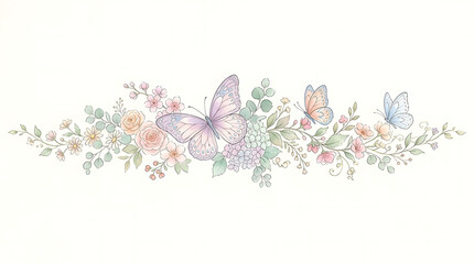Watercolor butterfly floral border illustration with soft pastel colors and delicate nature theme