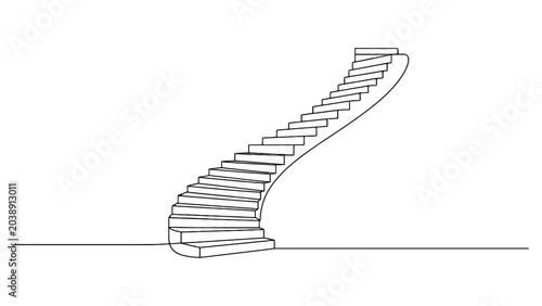 Continuous one line drawing of a spiral staircase, minimalist design of a curved staircase isolated on white background